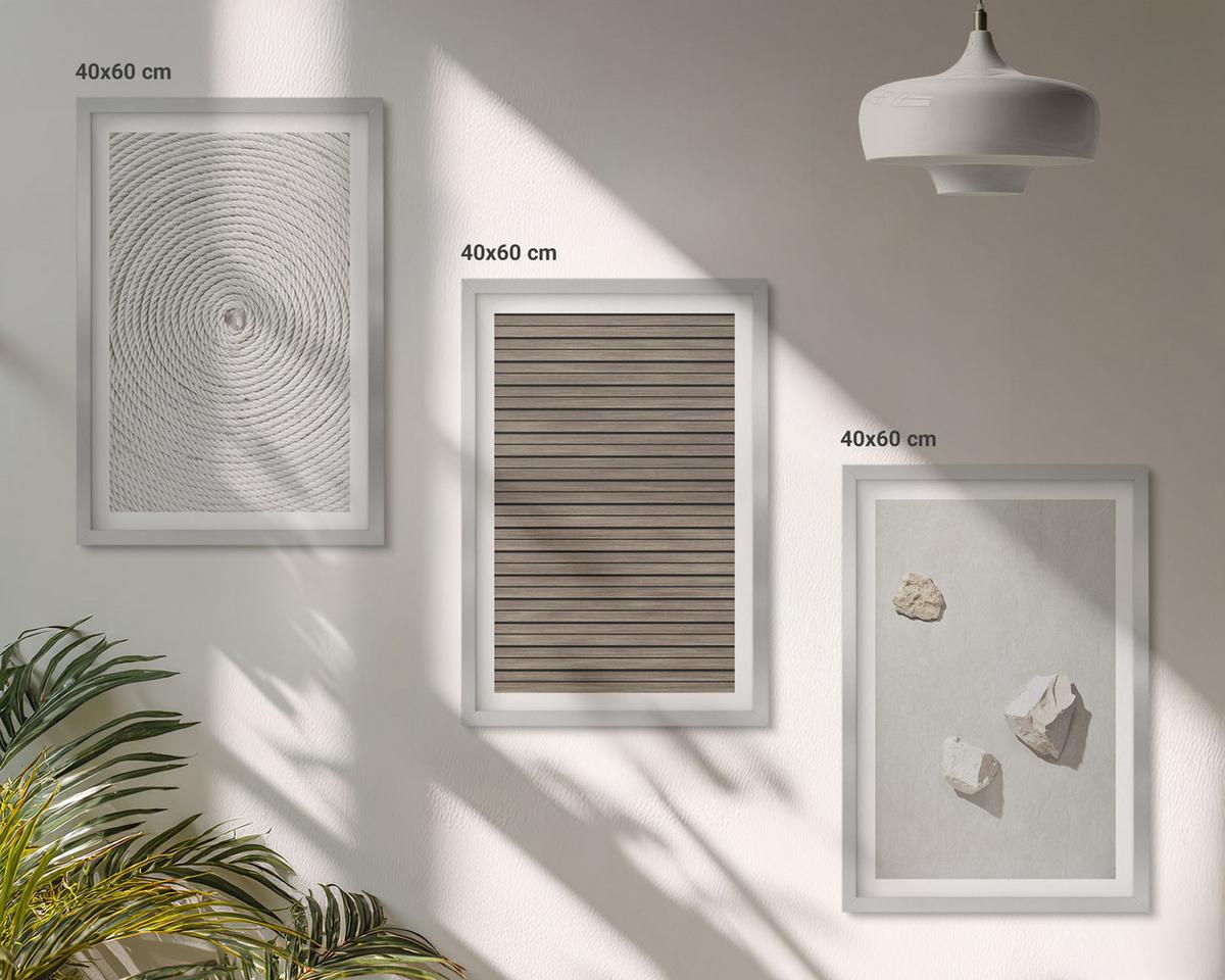BILDER SET 3er Set - 40x60 cm Silberner Rahmen - Natürliche Texturen Holz Stein - Silberfarben, Kunststoff (40/60cm) - TULUP