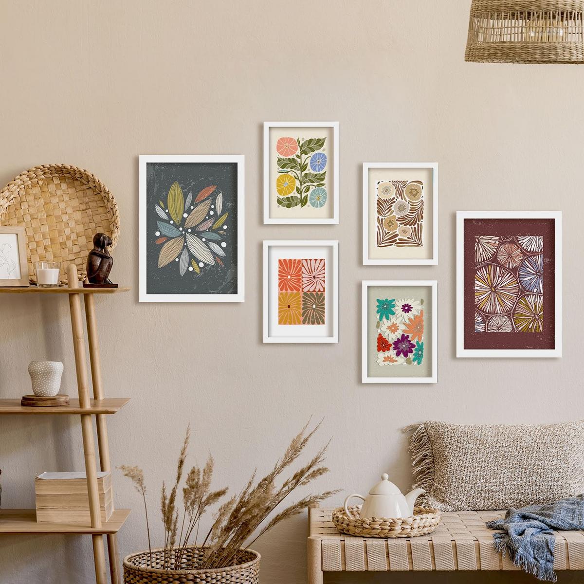 POSTER Set Mit 6 Drucken Von Blütenblättern In Der Sammlung Ethnischere Dekorative Rahmen Für Ihr Zuhause Wandkunstdruck A3 & A4 Weißer Rahmen - Weiß, Papier (29/3cm) - Nacnic