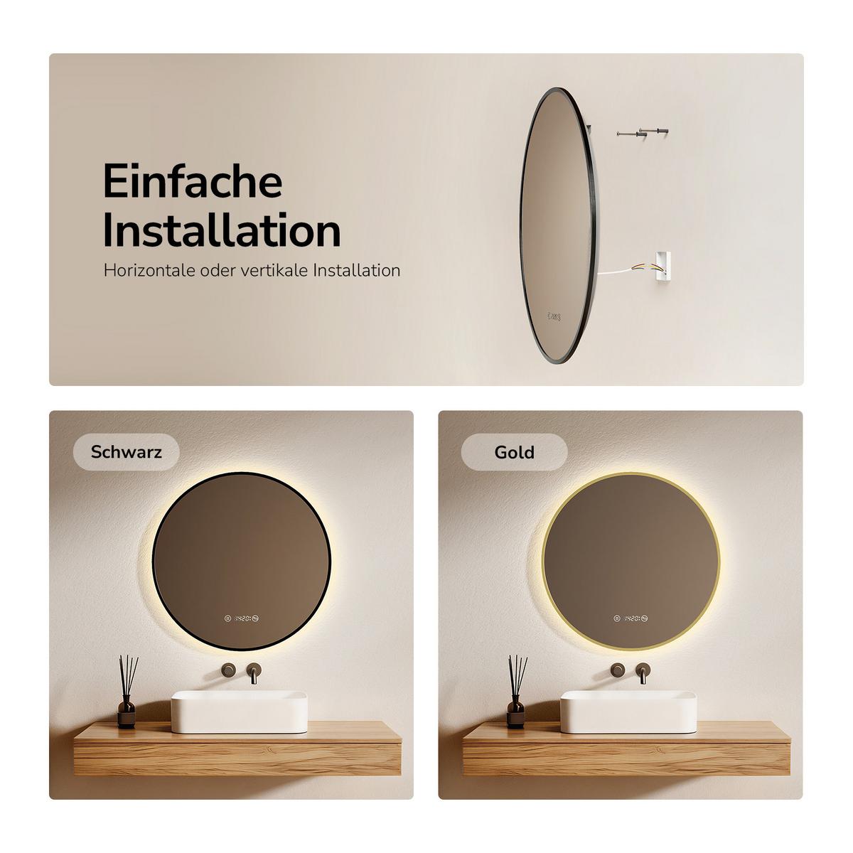 BADSPIEGEL mit LED-Beleuchtung Anti-Beschlag Zeitanzeige Schwarz Ø 60 cm - Schwarz, Glas (60/60/3cm) - EMKE