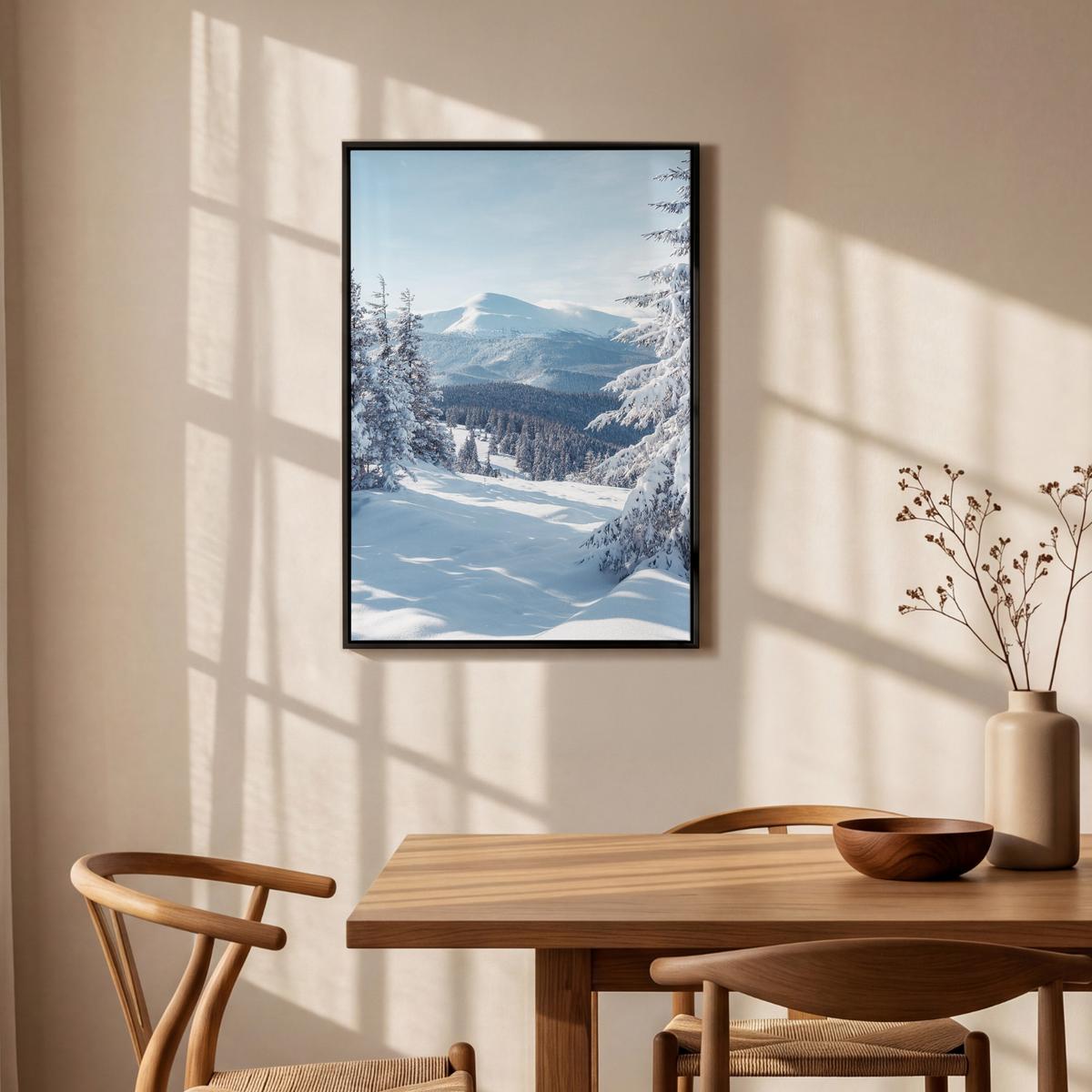 LEINWAND Bilder mit Rahmen - Winterlandschaft - Natur - Berge - Bäume - Schnee - 60x90 - Hellblau, Textil (60/90cm) - MuchoWow