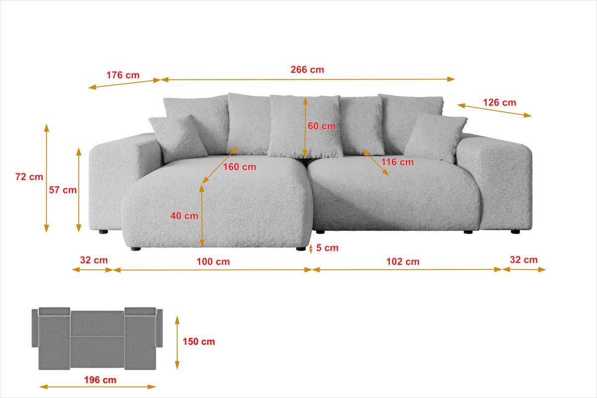 ECKSOFA Ottomane rechts ESKAR-L 266x176x72 Hellgrau Bouclé - Hellgrau/Schwarz, Holzwerkstoff/Kunststoff (176/266cm) - ALTDECOR