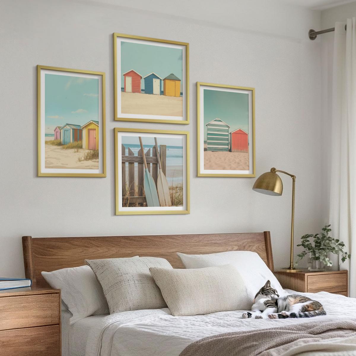 BILDER SET 4er Set - 50x50 cm & 40x60 cm Goldrahmen - Bunte Strandhäuser - Goldfarben, Kunststoff (50/50cm) - TULUP