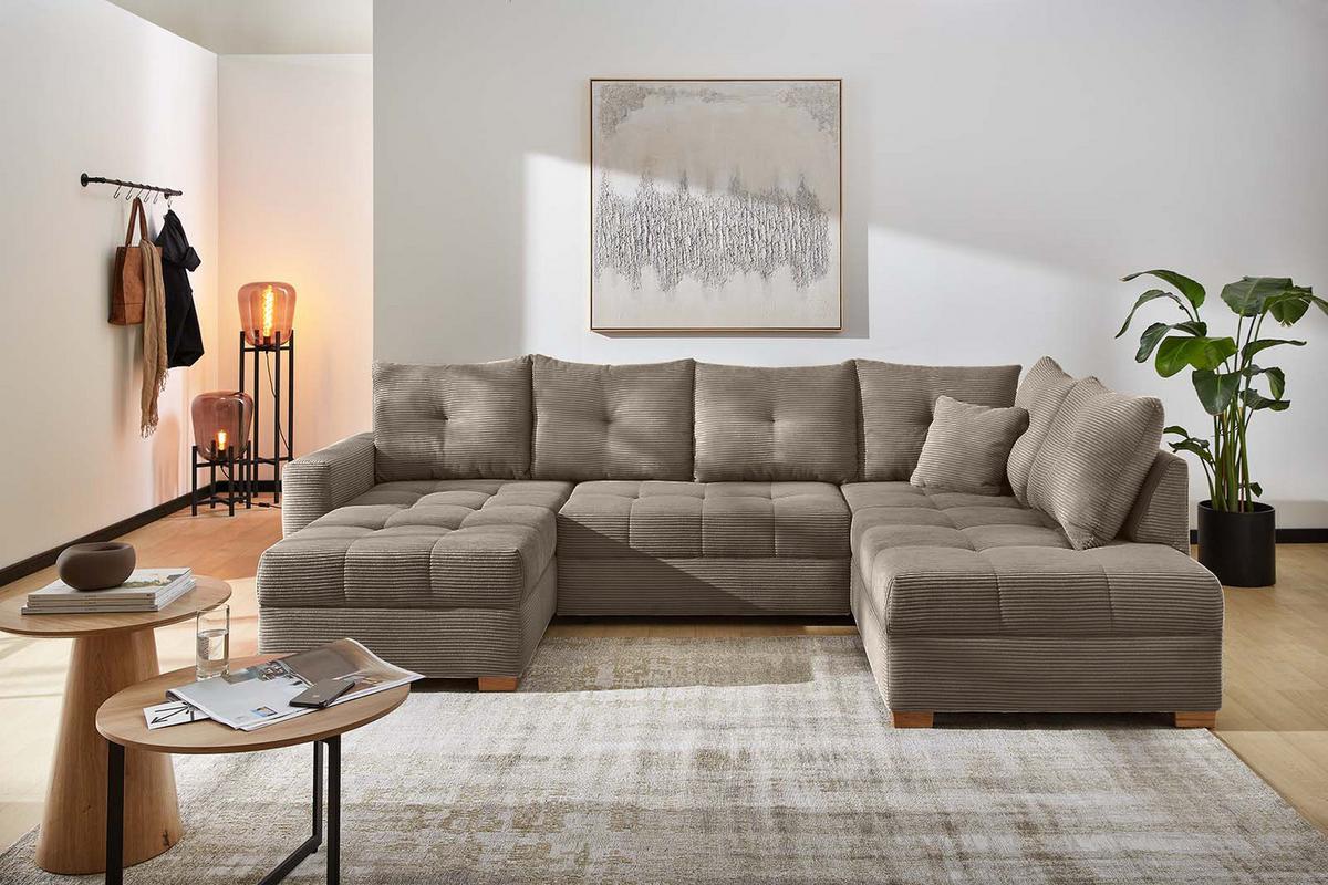 WOHNLANDSCHAFT mit Schlaffunktion und Bettkasten, spiegelverkehrt montierbar U-Form B313/T200/H92 cm, Cord Braun Taupe / 15219 - Eichefarben/Braun, Holz/Textil (313/92/200cm) - luma-home