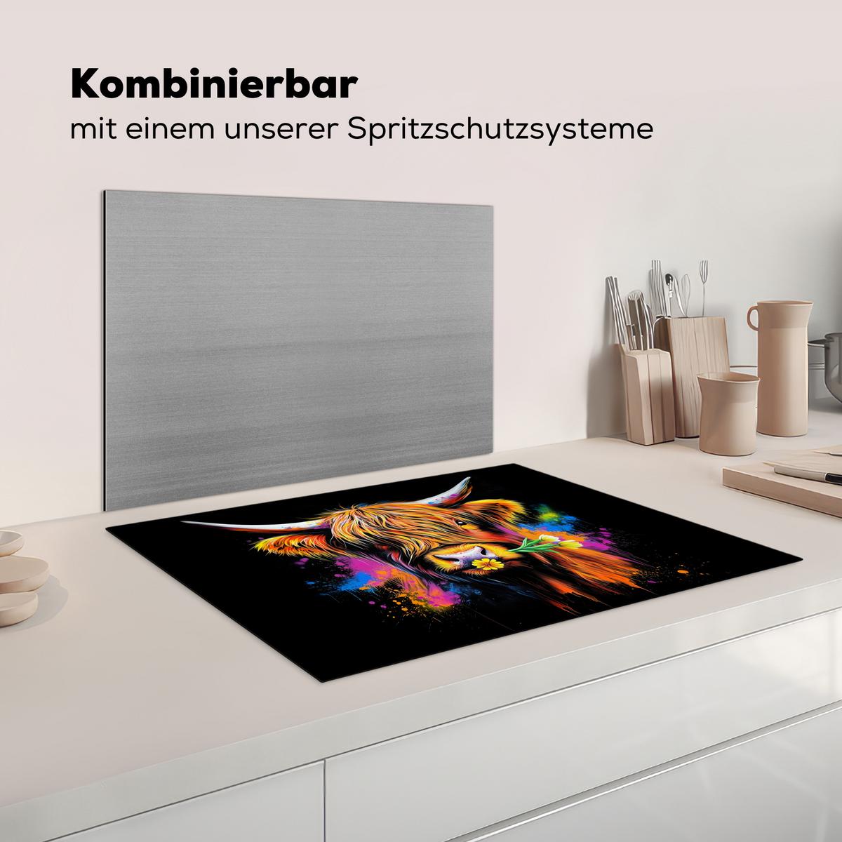 HERDABDECKPLATTE Schottischer Highlander - Graffiti - Bunt - Blume - Tiere Herdabdeckung Induktionsfeld 75x52 cm - Multicolor, Kunststoff (75/52/0.2cm) - MuchoWow