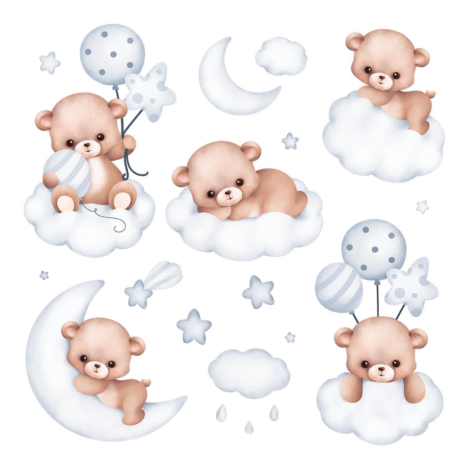 WANDAUFKLEBER 100x176cm - Teddybären am Himmel - Multicolor, Kunststoff (100/176/0.1cm) - Wallfluent