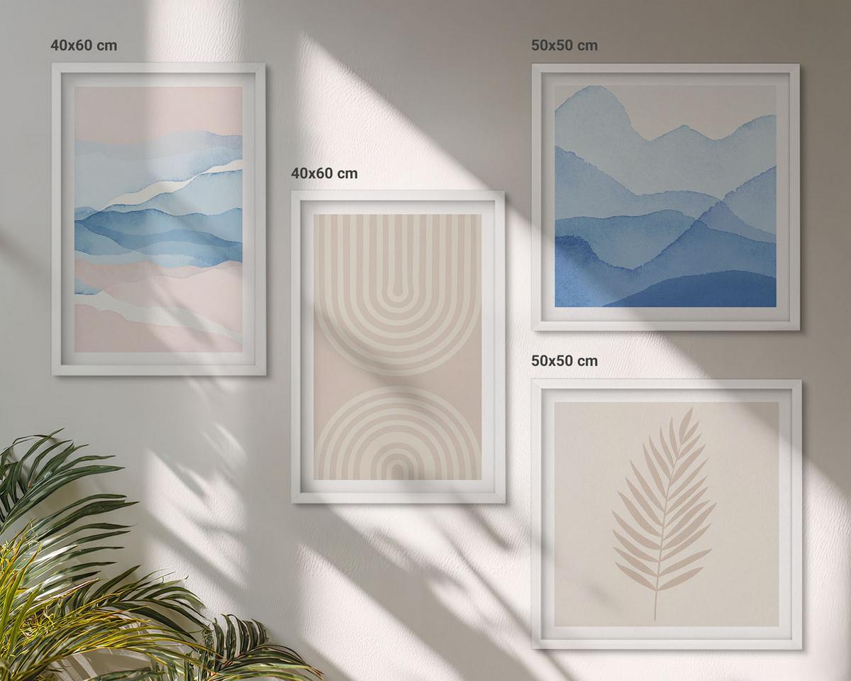 BILDER SET 4er Set - 50x50 cm & 40x60 cm Weißer Rahmen - Blätterwellen beige blau - Weiß, Kunststoff (50/50cm) - TULUP