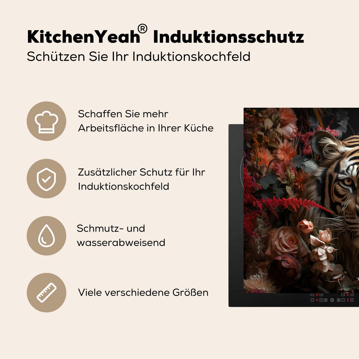 HERDABDECKPLATTE Tiger - Tier - Natur - Floral - Botanisch Induktionsmatte 71x52 cm - Orange, Kunststoff (71/52/0.2cm) - MuchoWow