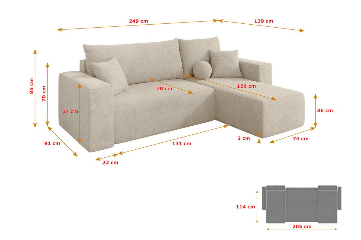 ECKSOFA mit Schlaffunktion Ottomane Rechts SENO-L 249x139x85 Creme Velours - Creme/Schwarz, Holzwerkstoff/Kunststoff (249/139cm) - ALTDECOR
