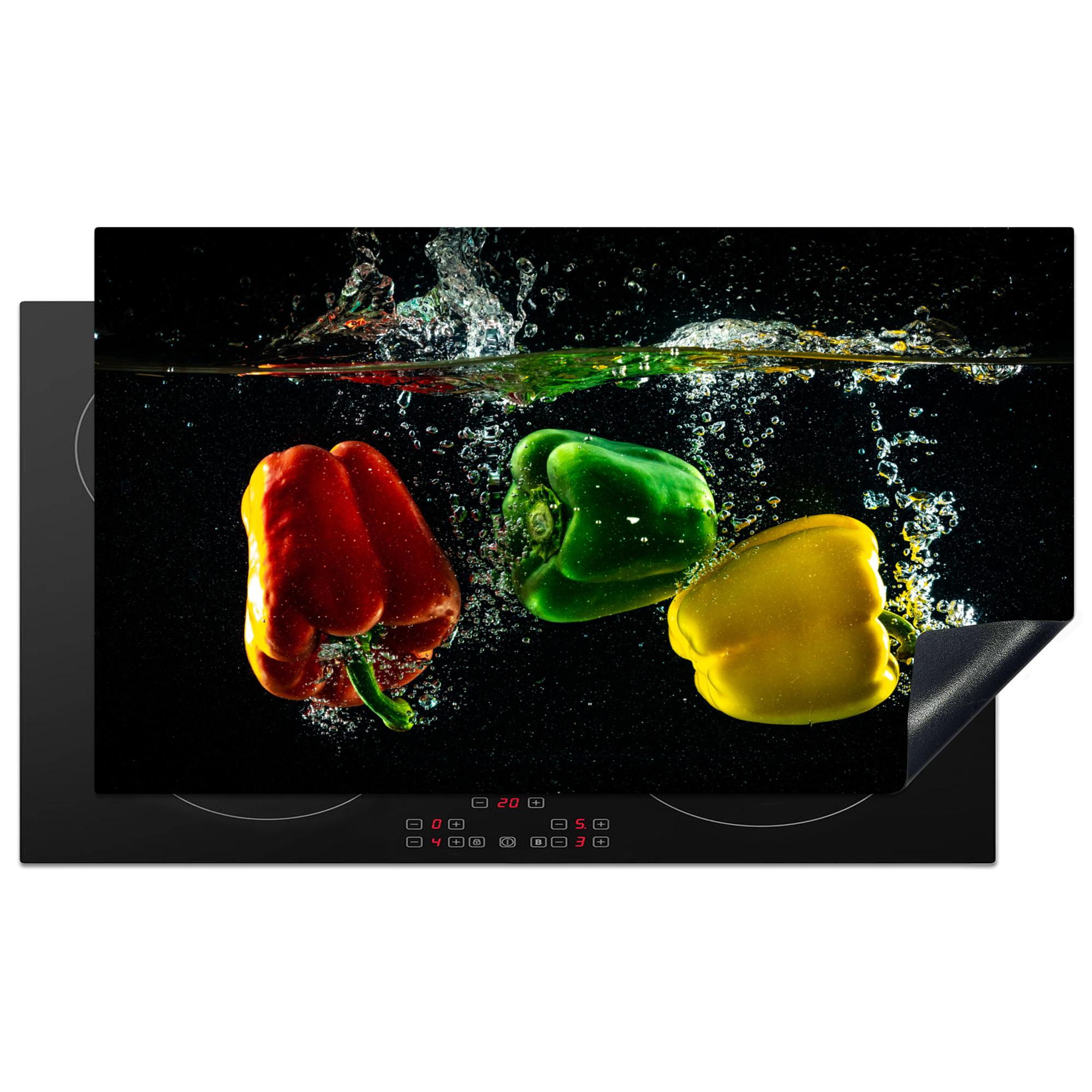 HERDABDECKPLATTE Paprika - Gemüse - Wasser - Schwarz - Rot - Grün - Gelb Ceranfeldabdeckung 90x52 cm - Multicolor, Kunststoff (90/52/0.2cm) - MuchoWow