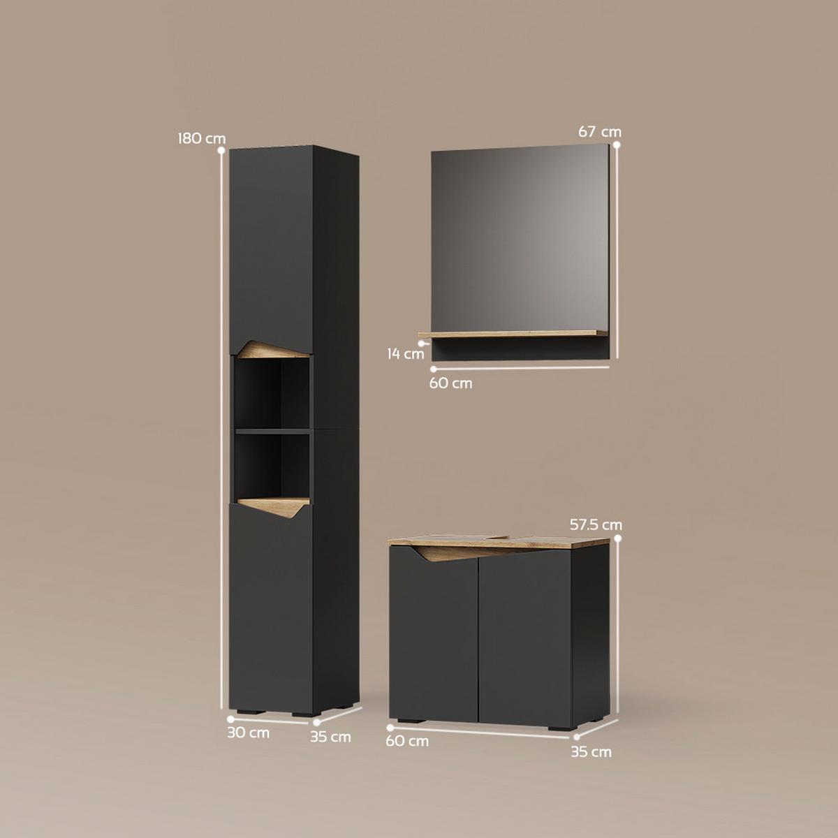 BADMÖBEL-KOMBINATION Timavo Anthrazit 3 Teile, mit Hochschrank - Anthrazit, Holzwerkstoff (60/57/35cm) - Livinity®