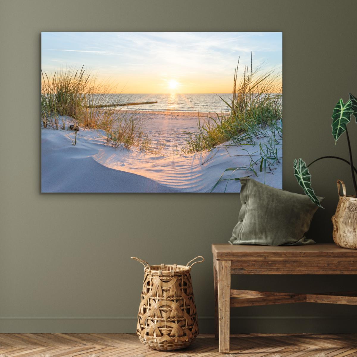 METALLBILD Strand - Sonne - Düne - Gras - Sand - Horizont Deko Groß 120x80 cm - Hellblau, Metall (120/80cm) - MuchoWow