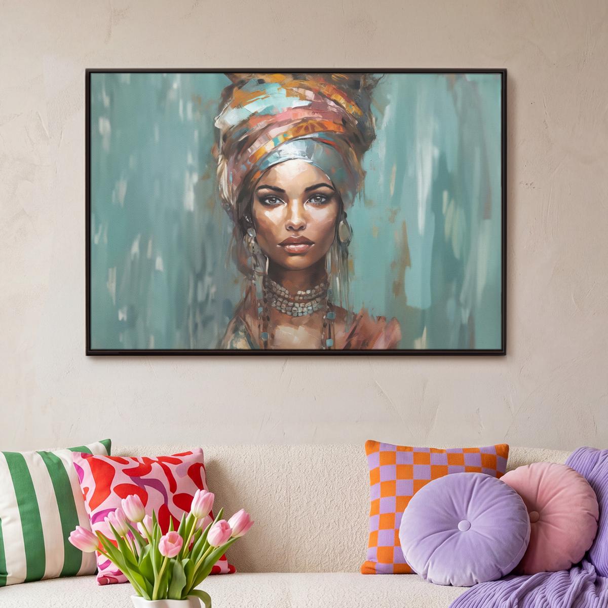 LEINWAND Bilder mit Rahmen - Frau - Kunst - Schmuck - Porträt - 90x60 - Blaugrau, Textil (90/60cm) - MuchoWow