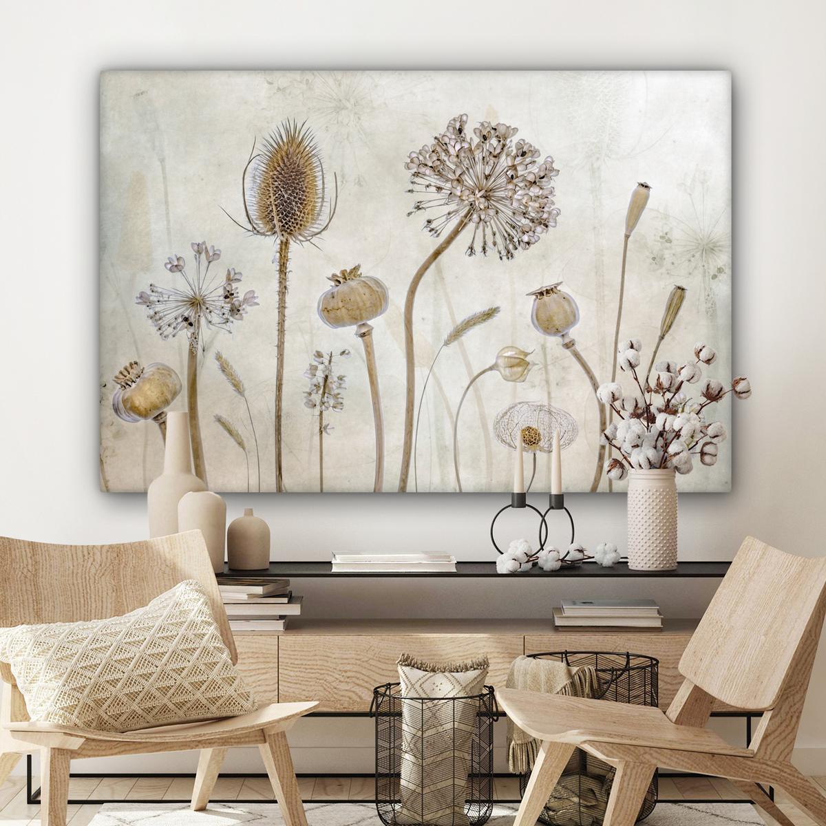 LEINWANDBILD Blumen - Aquarell - Stilleben - Braun - Vintage Groß 140x90 cm - Beige, Textil (140/90cm) - MuchoWow