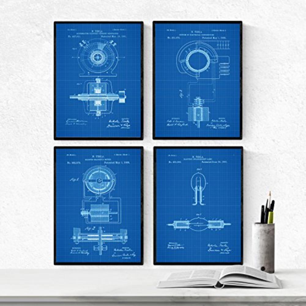POSTER Set mit 4 Blau Patenten Strom A4 Schwarzer Rahmen - Schwarz, Papier (29.7/3cm) - Nacnic
