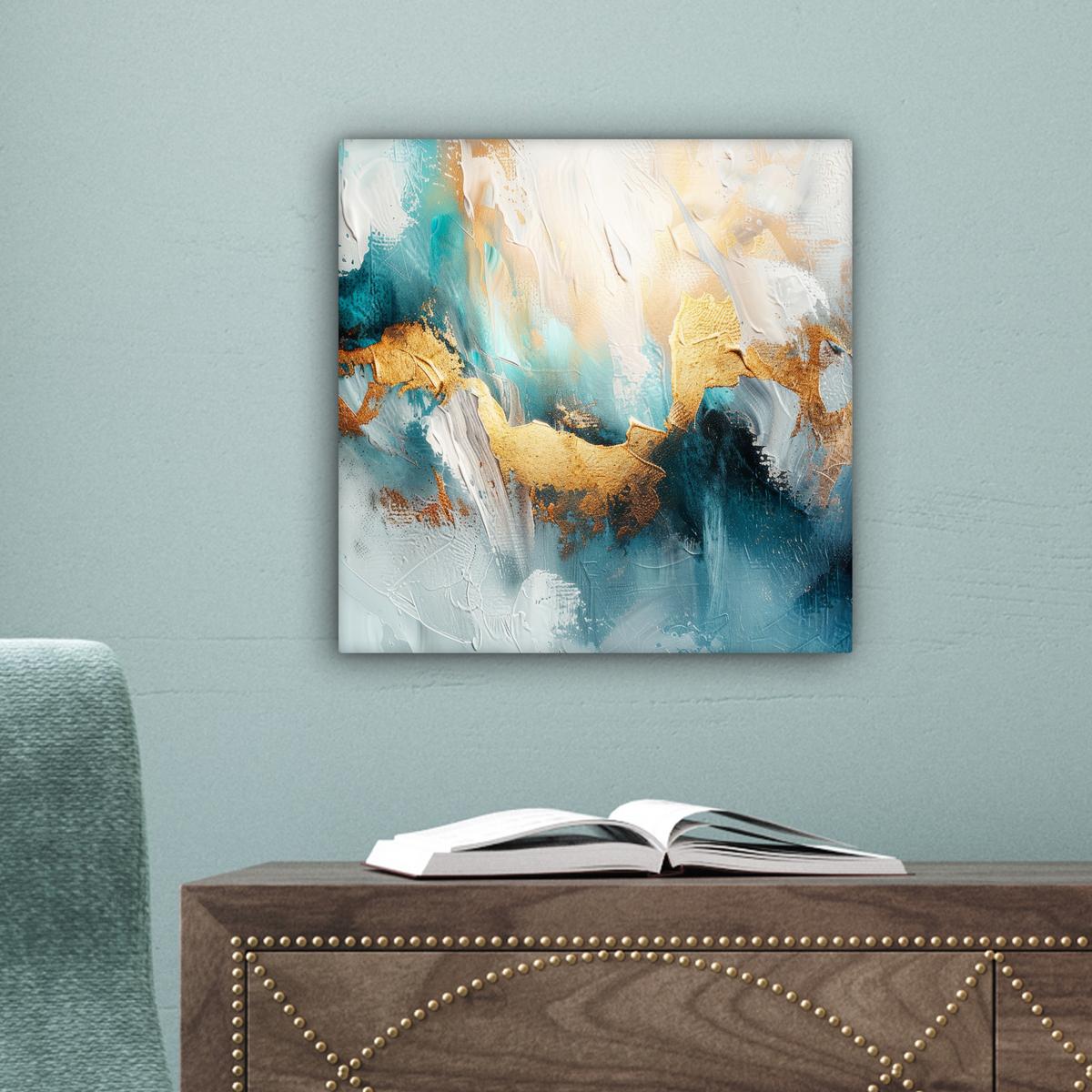 LEINWANDBILD Abstrakt - Kunst - Gold - Blau Deko Wohnzimmer 20x20 cm - Petrol, Textil (20/20cm) - MuchoWow