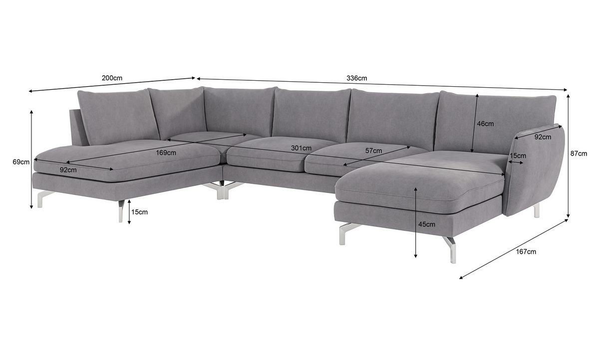 WOHNLANDSCHAFT Elou Grau Luxusmicrofaser - Chromfarben/Grau, Textil/Metall (336/87/200cm) - S-Style Möbel