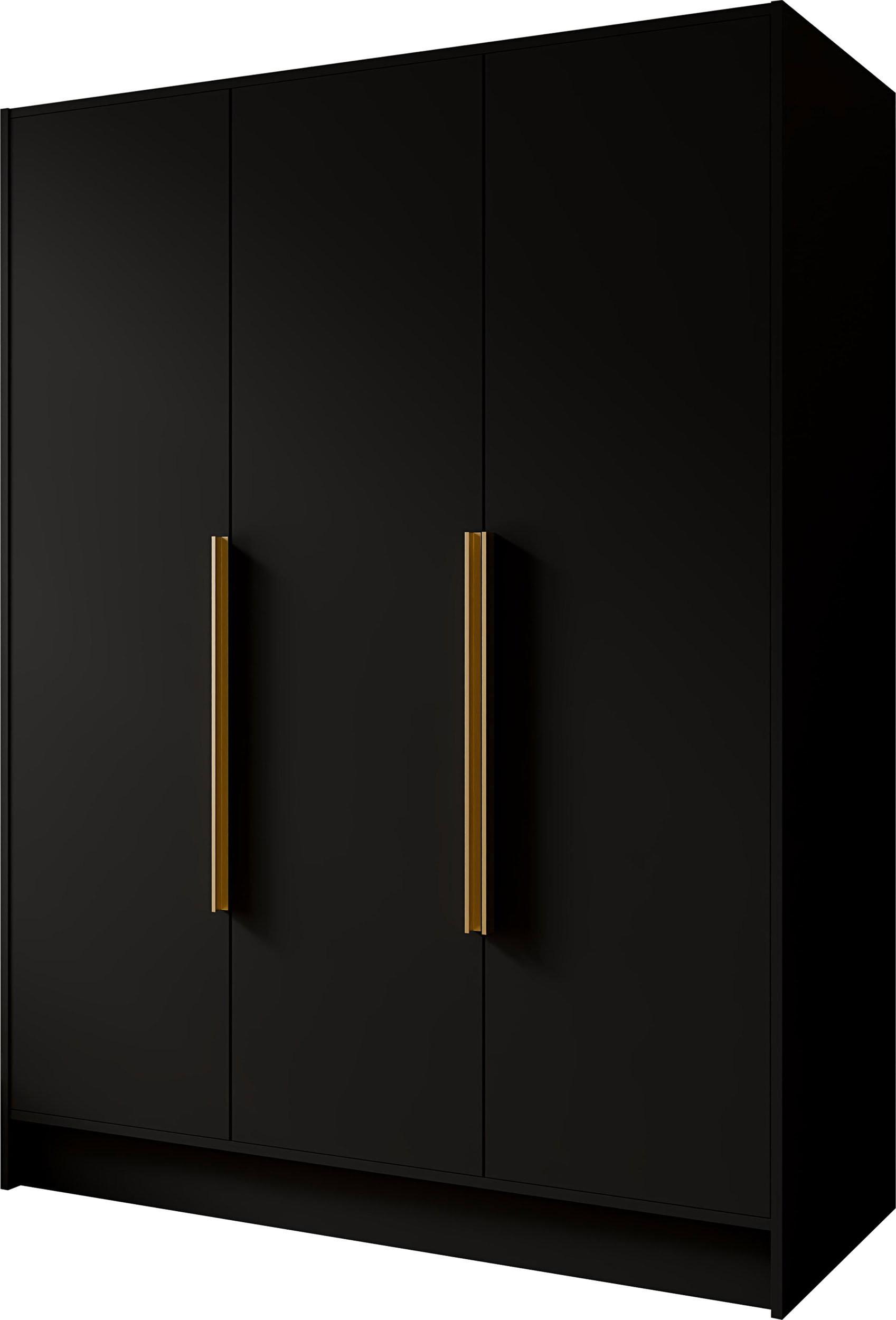 KLEIDERSCHRANK Mono Bis im Skandi-Stil, Drehtüren mit Goldene Metallgriffe, Schwarz 150/200/51 cm - Goldfarben/Schwarz, Holzwerkstoff (150/200/51cm) - WFL GROUP