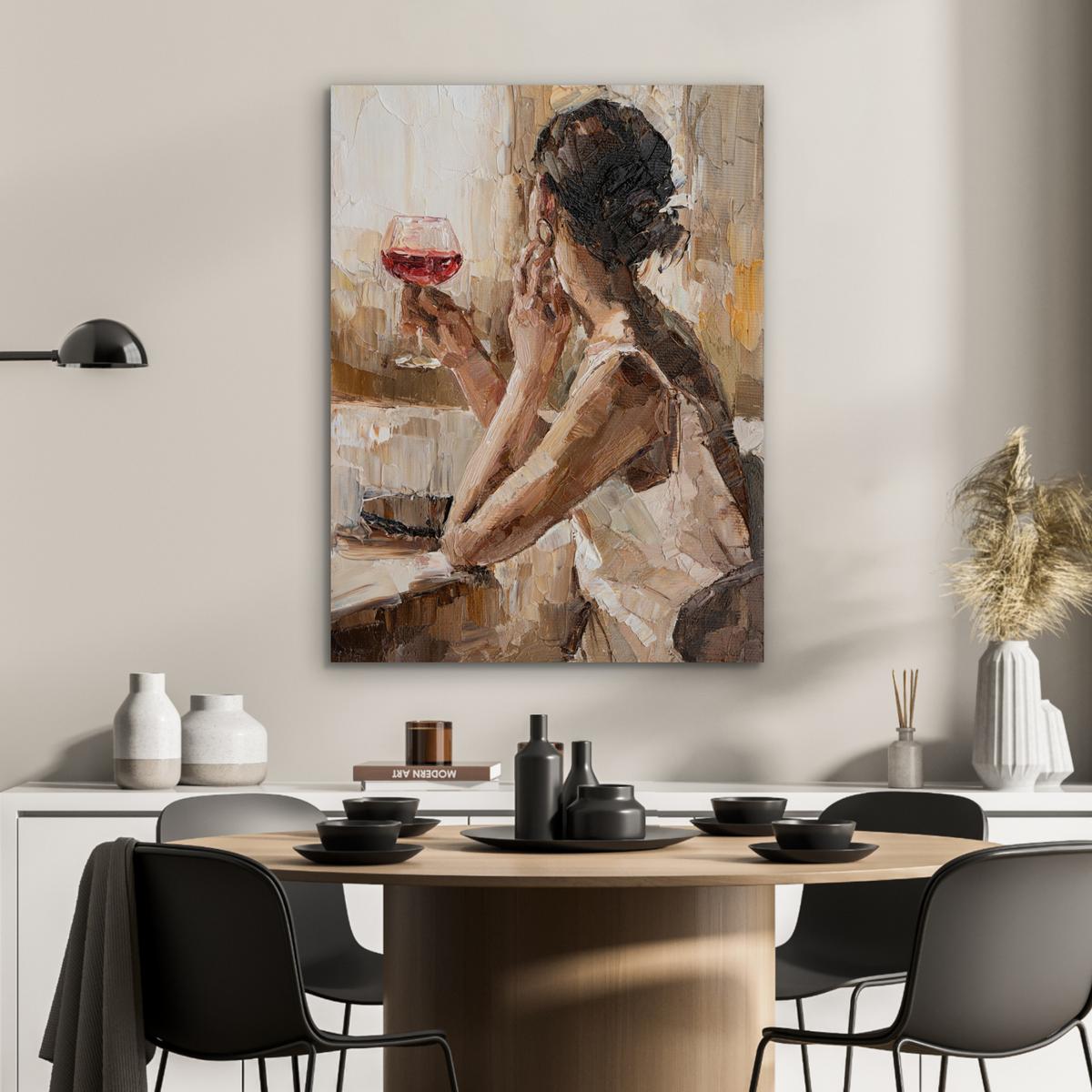 METALLBILD Ölgemälde - Frau - Wein 60x80 cm - Hellbraun, Metall (60/80cm) - MuchoWow