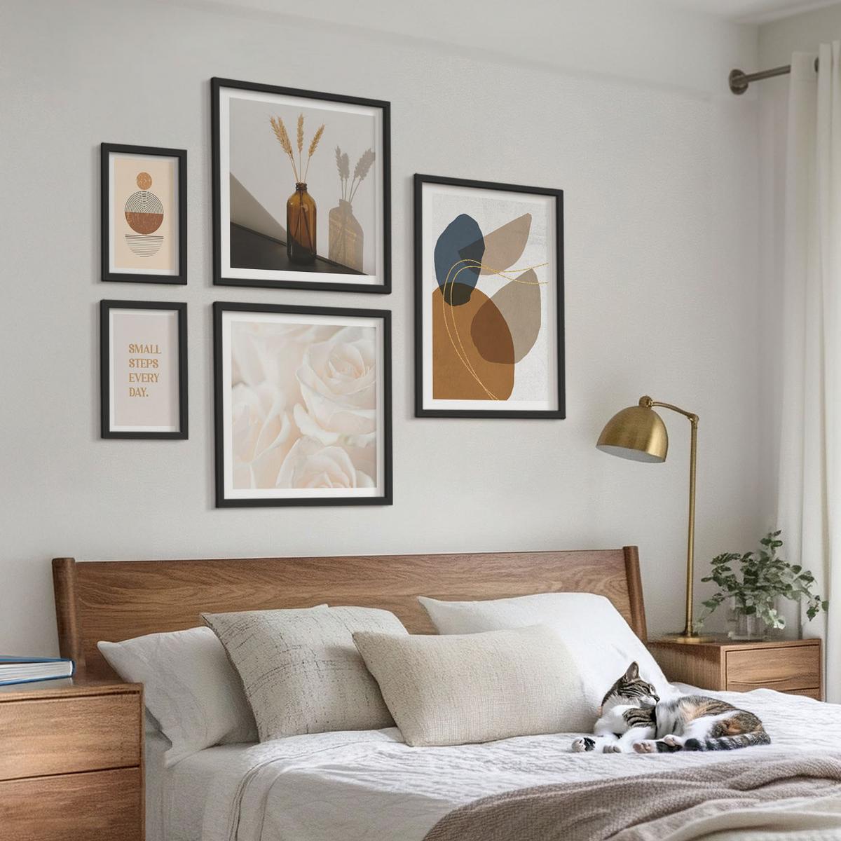 BILDER SET 5er Set - 50x50 cm & 20x30 cm & 40x60 cm Schwarzer Rahmen - Abstrakte Formen Akzente - Schwarz, Kunststoff (40/60cm) - TULUP