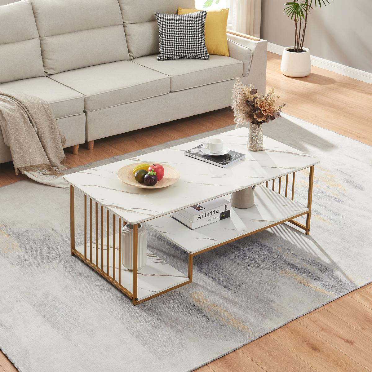 COUCHTISCH Klibro 120/60/42 cm - Goldfarben/Weiß, Holzwerkstoff/Metall (60/120/42cm) - [en.casa]