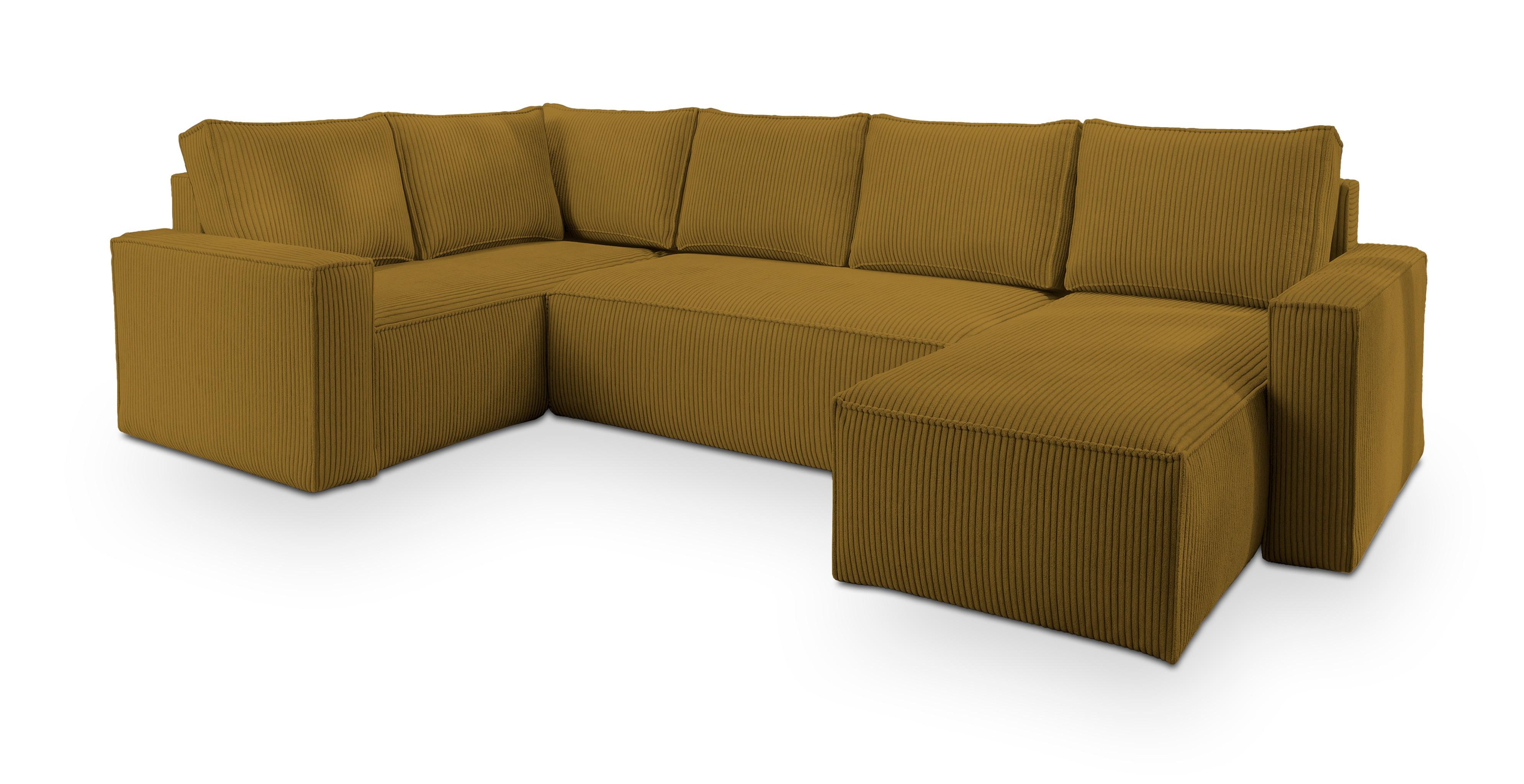 WOHNLANDSCHAFT NORENA L-S Gelb Kordstoff mit Schlaffunktion - Gelb, Holz (295/85/157.5cm) - MASSENO
