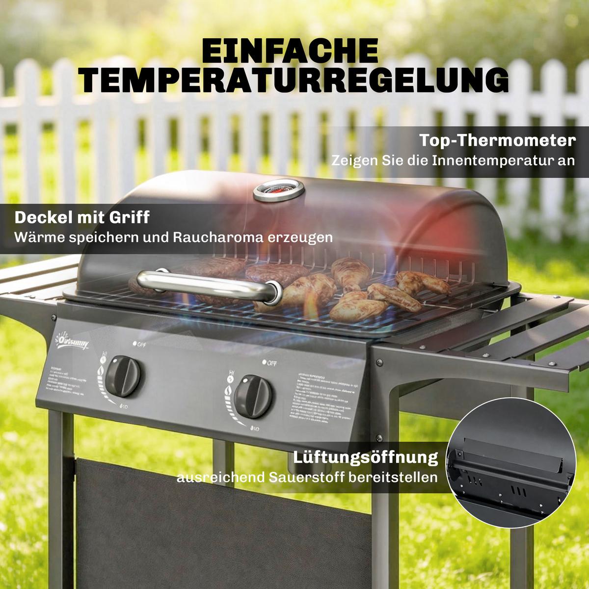 GASGRILL mit 2 Brenner aus Metall Schwarz - Schwarz, Metall (56/95/99cm) - Outsunny