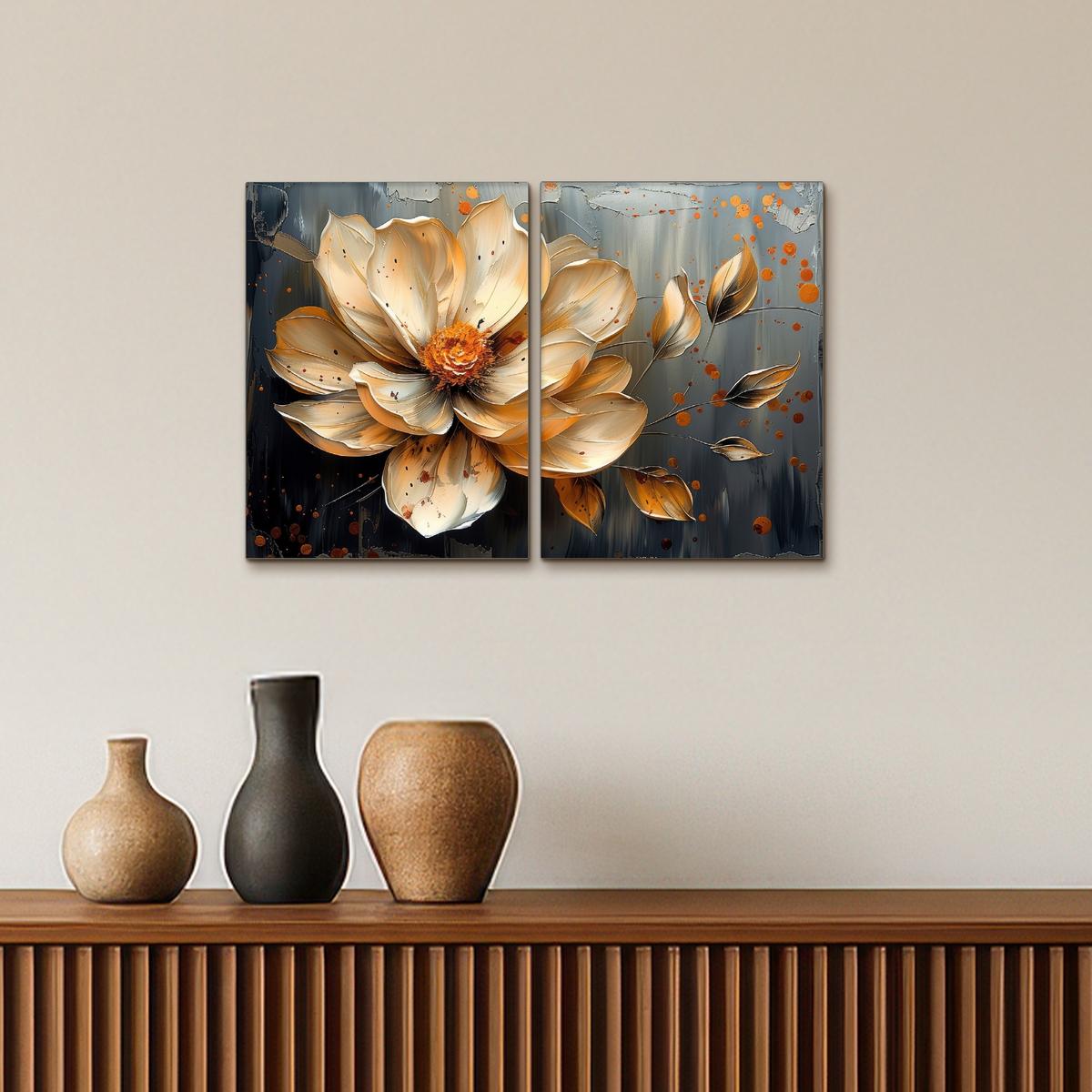 LEINWANDBILD 2er Set Blume - Gold - Abstrakt - Farbe 60x40 cm - Creme, Textil (60/40cm) - MuchoWow