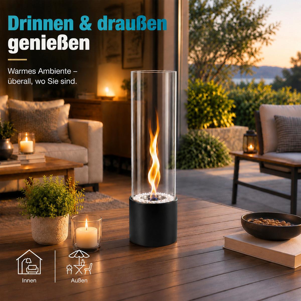 TISCHKAMIN Grythnal 16/14/40.5 cm - Schwarz, Glas/Metall (14/40.5/16cm) - ZMH