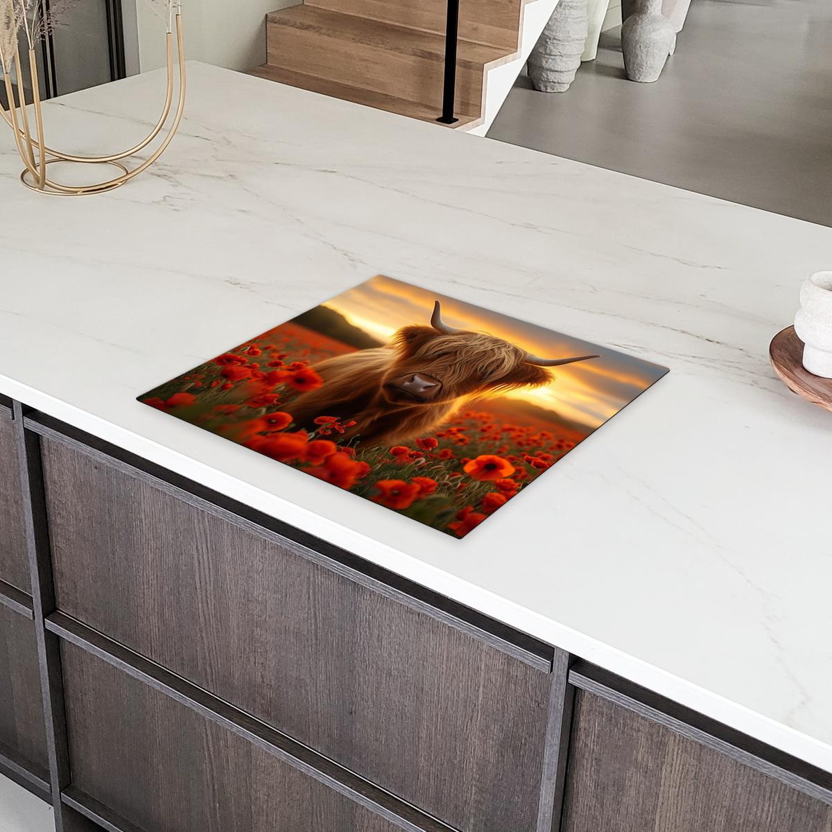 HERDABDECKPLATTE Schottische Highlander - Rosen - Blumenfeld - Sonnenuntergang Abdeckung Ceranfeld 59x51 cm - Rotbraun, Kunststoff (59/51/0.2cm) - MuchoWow