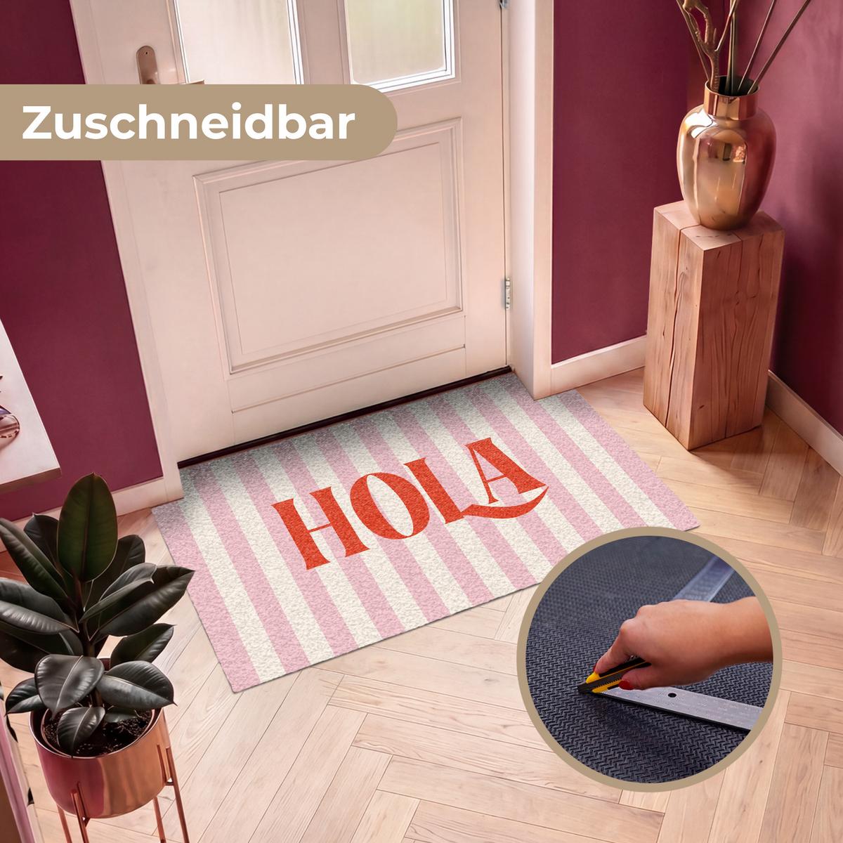 FUSSMATTE Hola - Zitat - Streifen - Pastell - Rosa - Rot - Weiß Schmutzfangmatte 120x80 cm - Rosa, Kunststoff (120/0.4cm) - MuchoWow