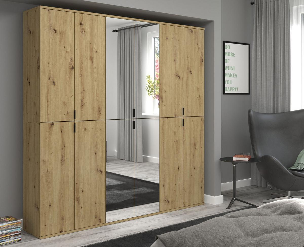 GARDEROBENSCHRANK Eiche 183 cm, Flurschrank mit Spiegel - Chromfarben/Schwarz, Glas/Holzwerkstoff (183/193/34cm) - Inn.Furn