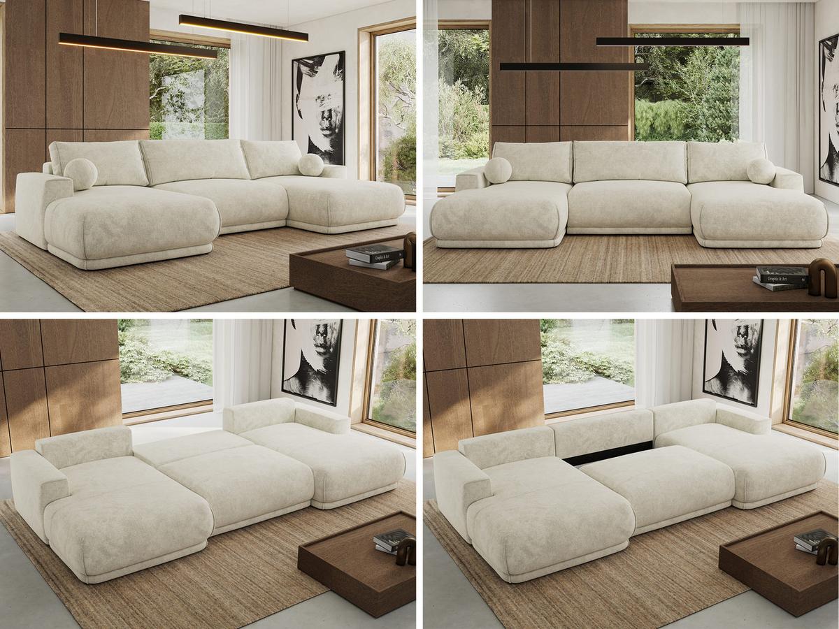 WOHNLANDSCHAFT RINA U Creme Schenille grob gewebt - Creme/Schwarz, Kunststoff/Textil (360/85/170cm) - MKS