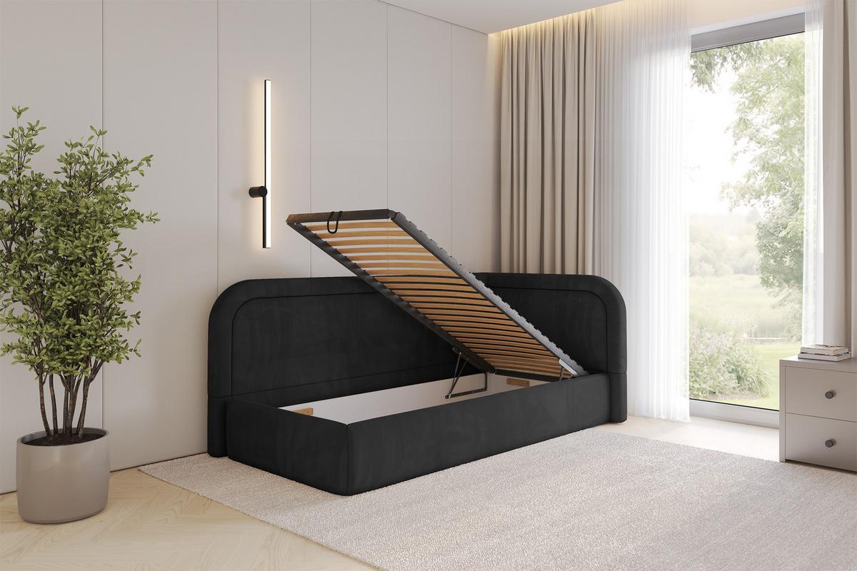 EINZELLBETT Jugendbett mit Bettkasten und Matratze H3/H4, Links - JOVY 80x200 Schwarz - Schwarz, Holzwerkstoff/Textil (80/200cm) - ALTDECOR