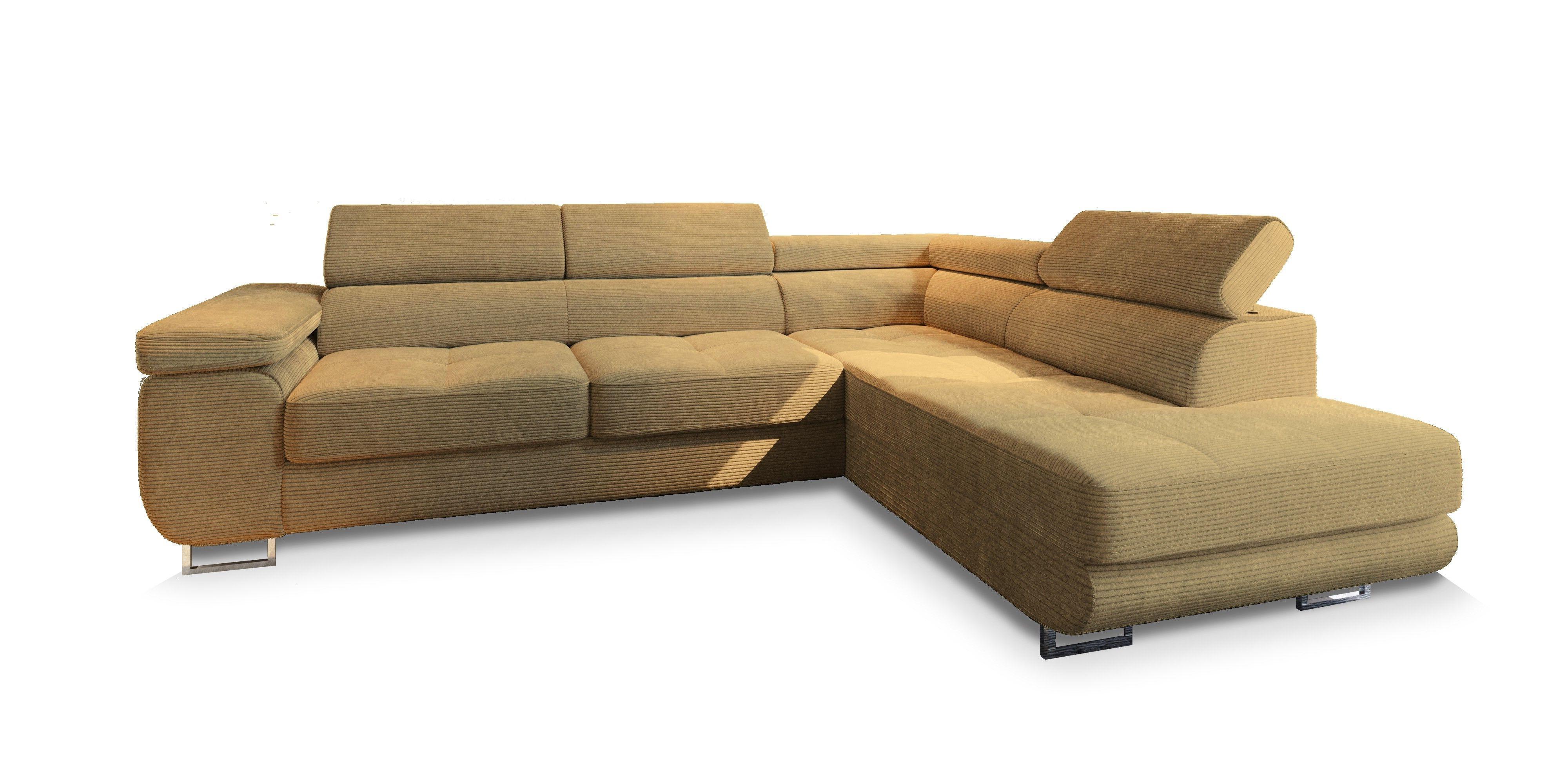 ECKSOFA APIRO R-S Gelb Kordstoff mit Schlaffunktion - Gelb/Silberfarben, Holz/Textil (276/202cm) - MASSENO