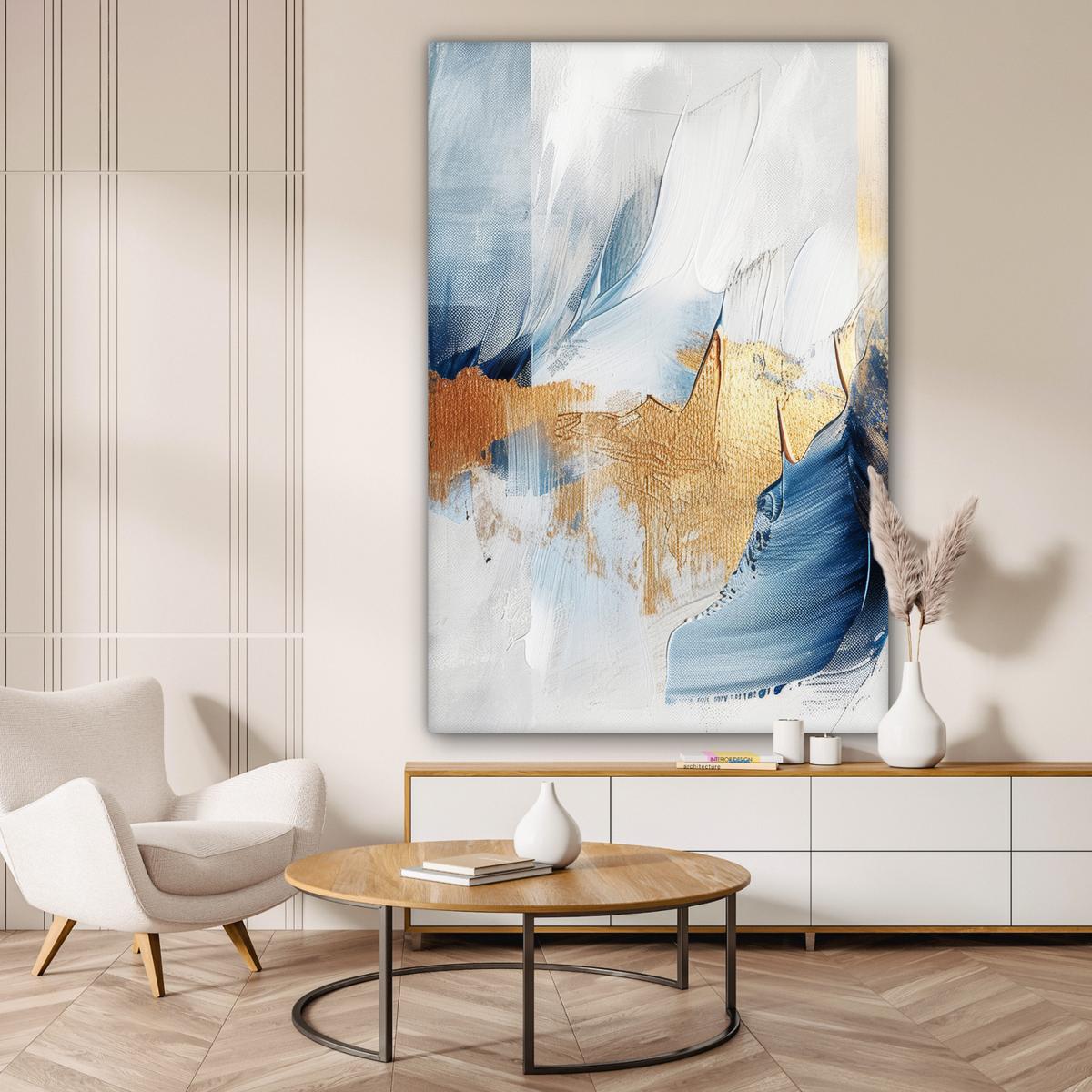 LEINWANDBILD Gold - Blau - Aquarell - Kunst - Modern Deko Groß 90x140 cm - Hellblau, Textil (90/140cm) - MuchoWow