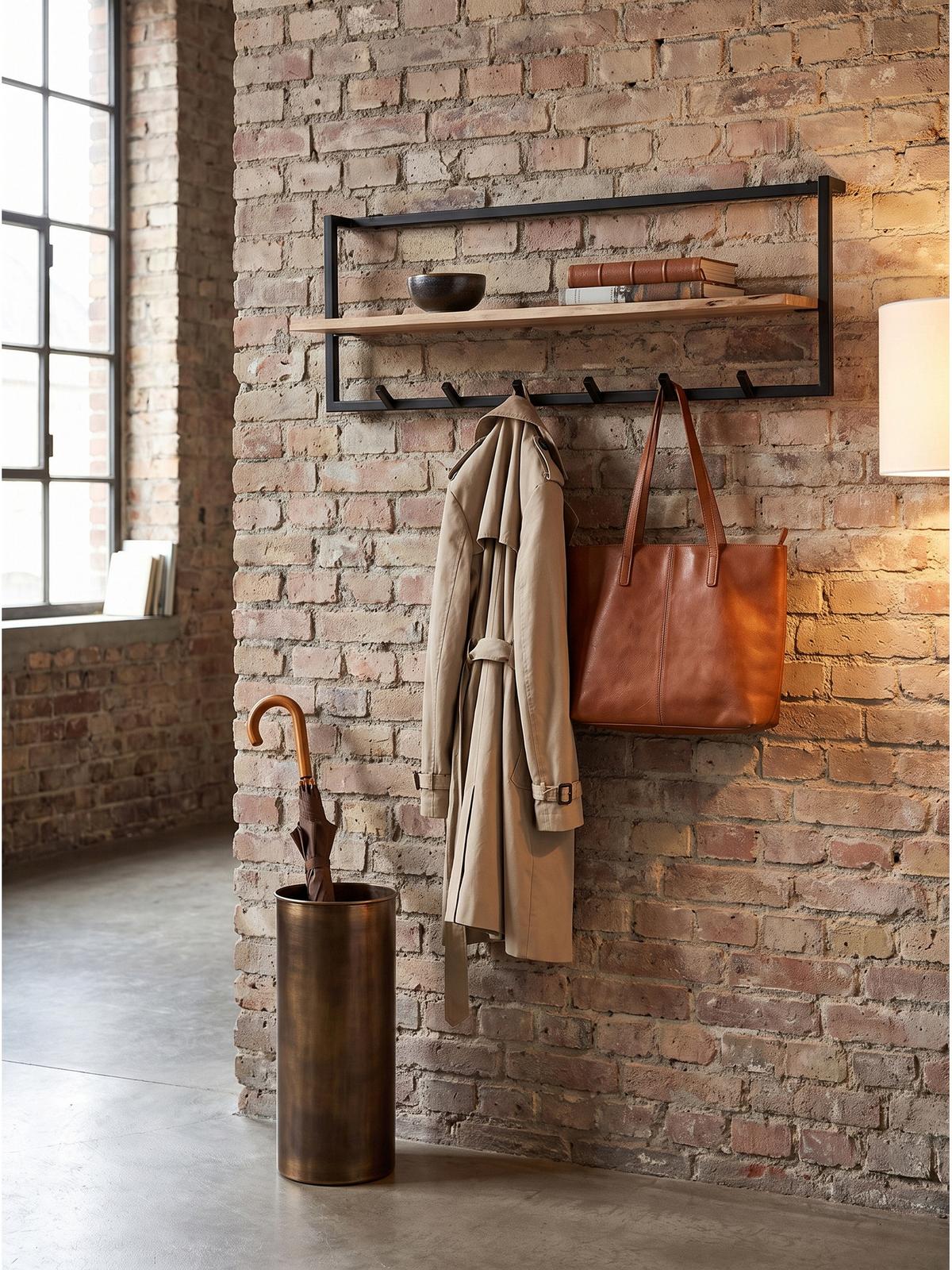 WANDGARDEROBE TIETAR, Akazie Massivholz, Akazie-Schwarz, 100 x 25 x 32 cm - Schwarz/Akaziefarben, Metall (100/32/25cm) - KADIMA DESIGN