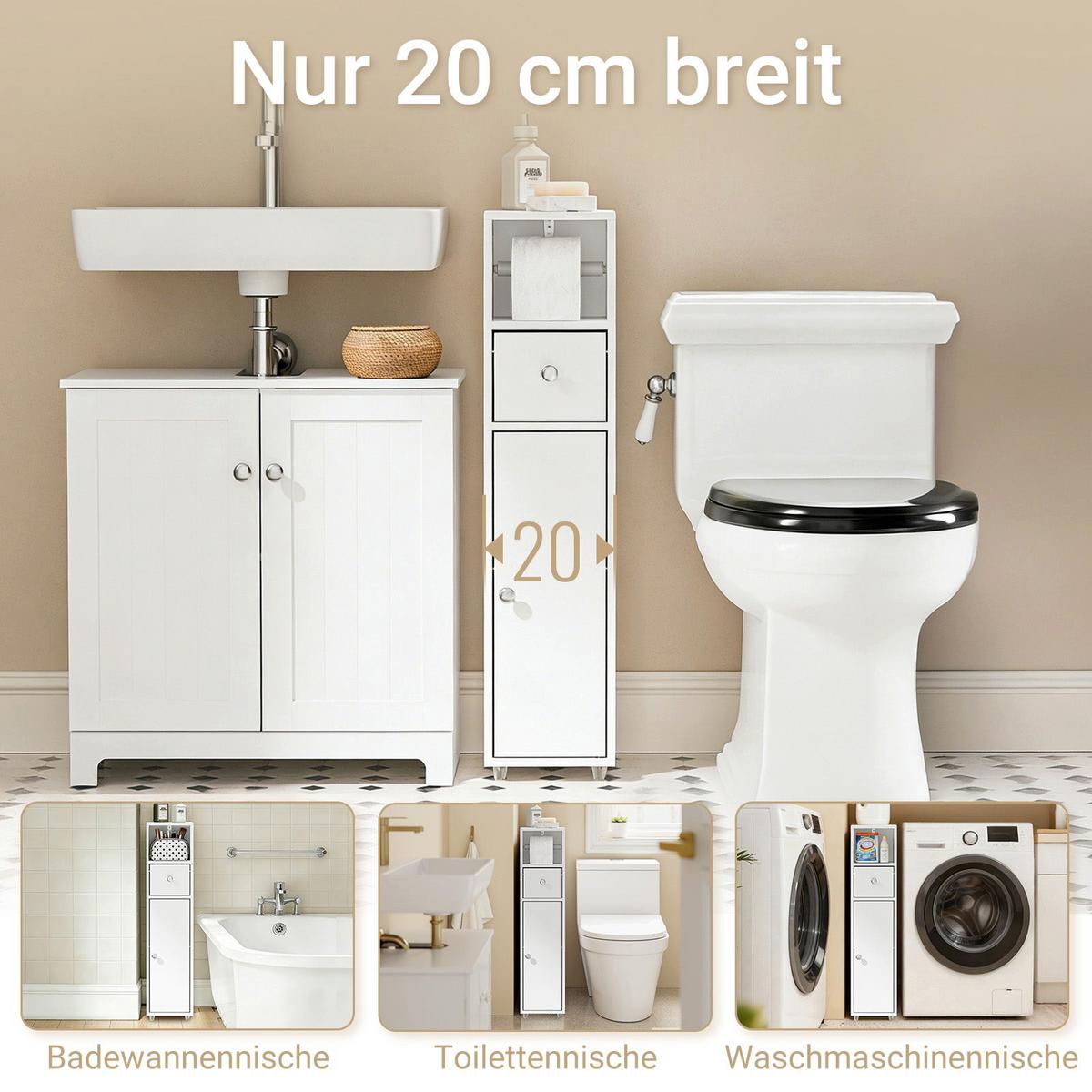 BADEZIMMERSCHRANK mit Toilettenpapierhalter schmal 20cm Weiß BZR219-W - Ahornfarben, Fell (20/85/20cm) - SoBuy