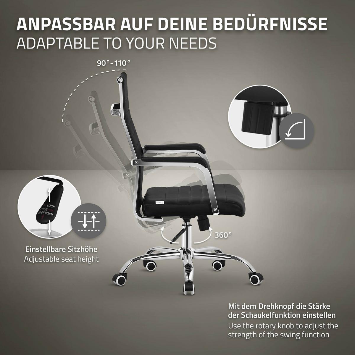 BÜROSTUHL Schwarz aus Kunstleder mit Stahlgestell - Silberfarben/Schwarz, Metall (62/117/62cm) - ML-DESIGN