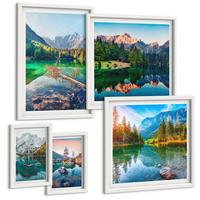 BILDER SET 5er Set - 50x50 cm & 20x30 cm & 40x60 cm Weißer Rahmen - Spiegelung des Waldes in Bergseen - Weiß, Kunststoff (40/60cm) - TULUP