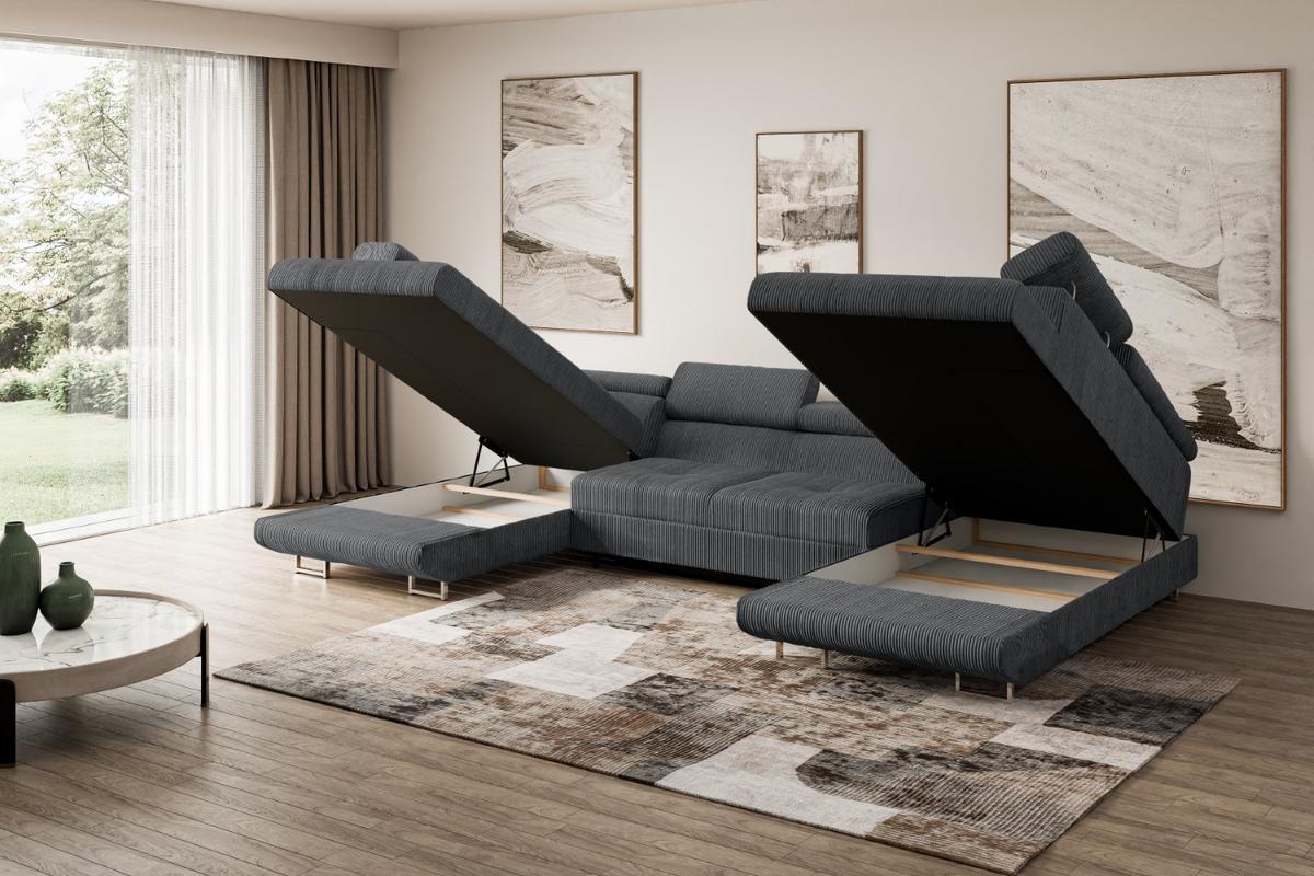 WOHNLANDSCHAFT mit Schlaffunktion und Bettkasten GUSA-U 342x202x107 cm Duneklgrau Cord - Dunkelgrau/Silberfarben, Holzwerkstoff/Textil (342/107/202cm) - ALTDECOR