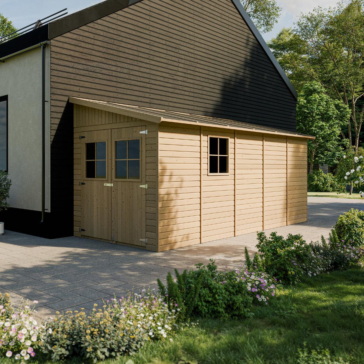 HOLZ-GARTENHAUS (mit Seitenwand) - H244x216x514 cm/10,2 m2 - M341A - Beige, Holz (218/244/493cm) - Timbela