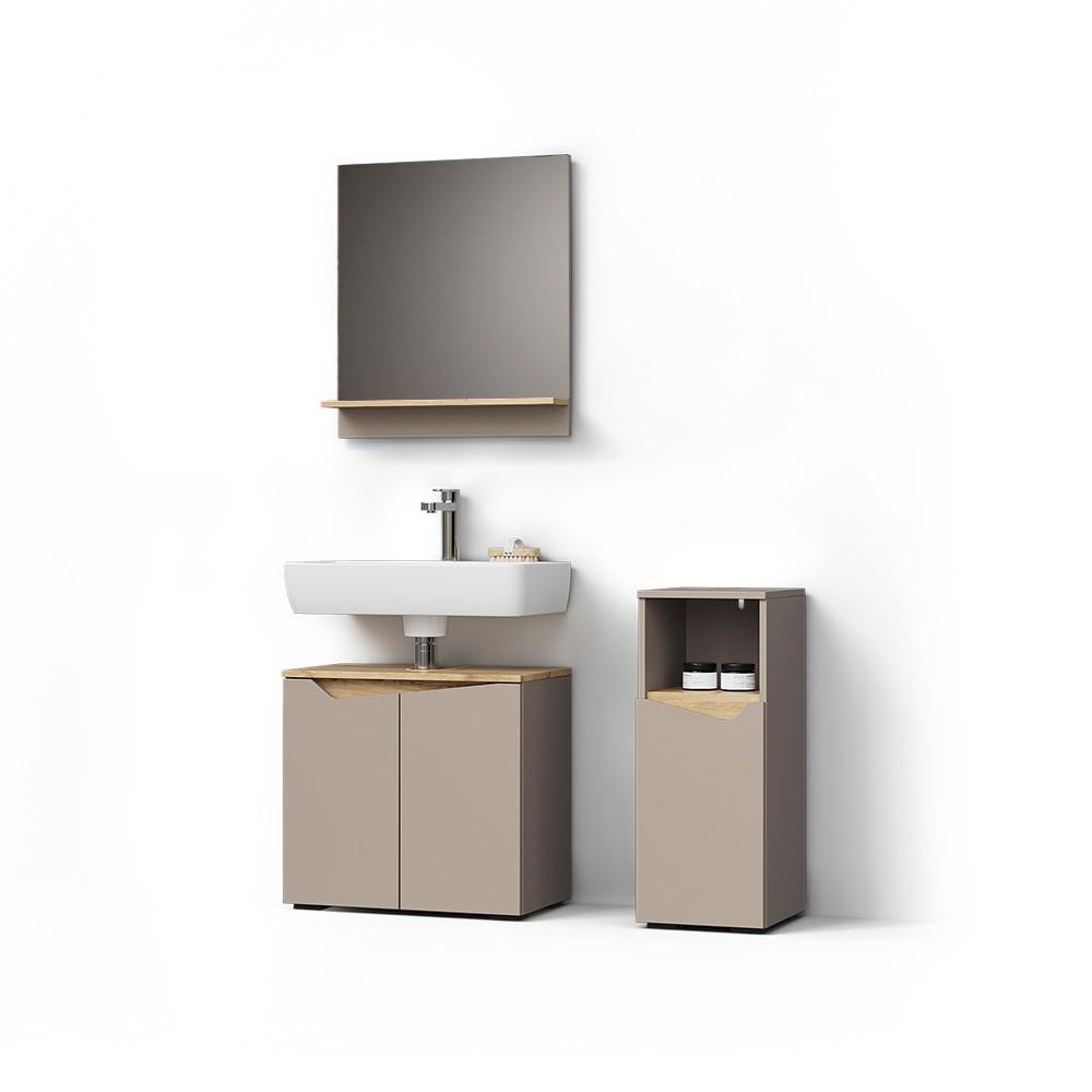 BADMÖBEL-KOMBINATION Timavo Greige 3 Teile, mit Midischrank - Greige, Holzwerkstoff (60/57/35cm) - Livinity®