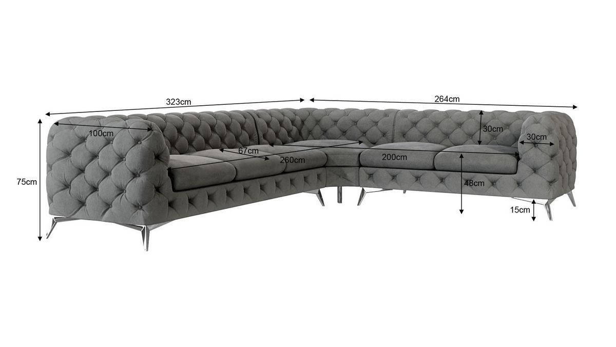ECKSOFA Chesterfield Laura Grau Samt - Silberfarben/Grau, Holz/Textil (323/264cm) - S-Style Möbel