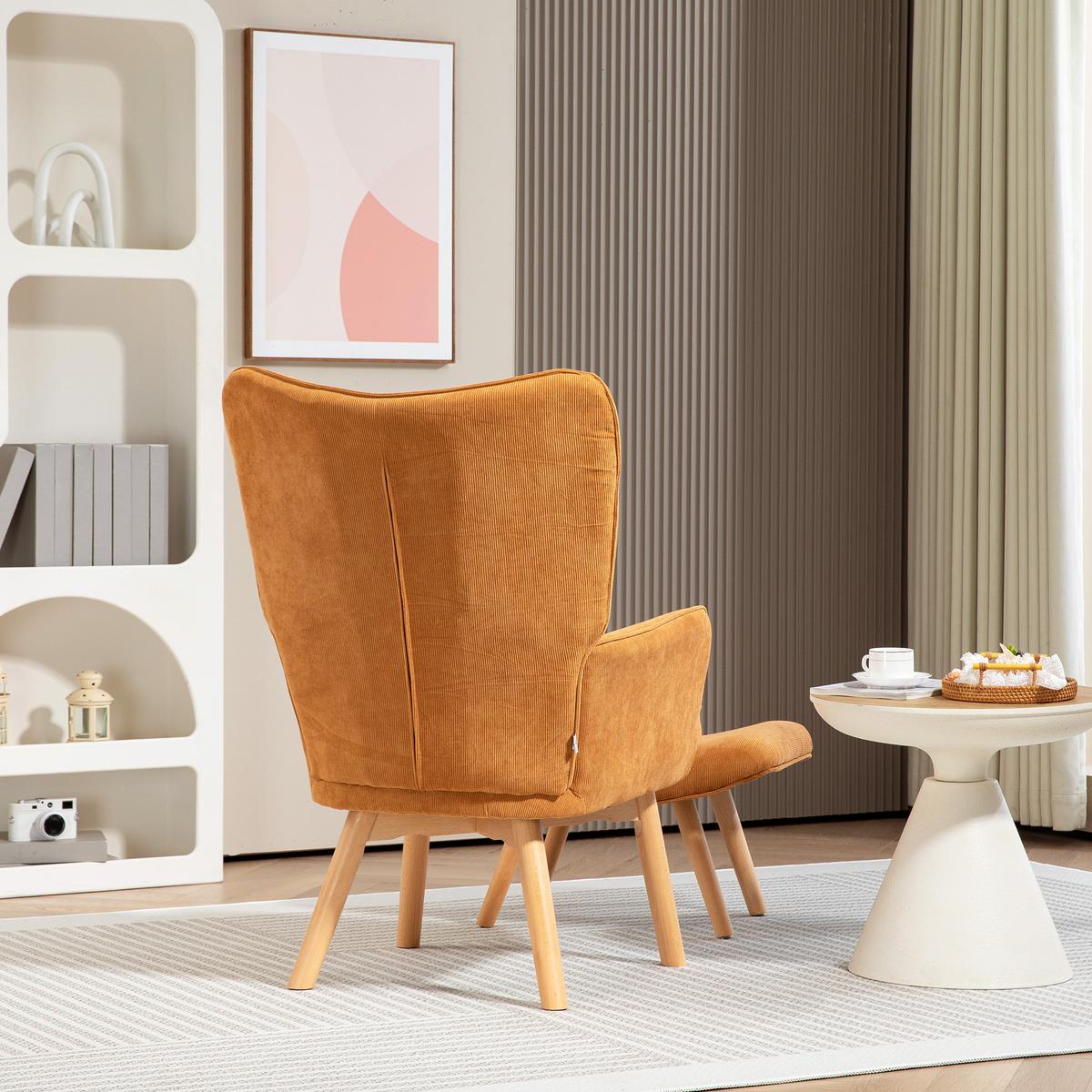 SESSEL mit Hocker, Ohrensessel mit Hoher Rückenlehne, Holzbeine, Cord, Braun - Buchefarben/Bernsteinfarben, Buchenholz/Textil (80/101/72cm) - HOMCOM