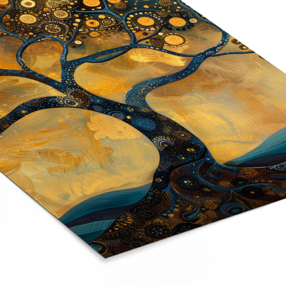 POSTER MIT RAHMEN Baum - Mond - Blumen - Gold - Kunst Bilderrahmen 30x40 cm - Orange, Papier (30/40cm) - MuchoWow