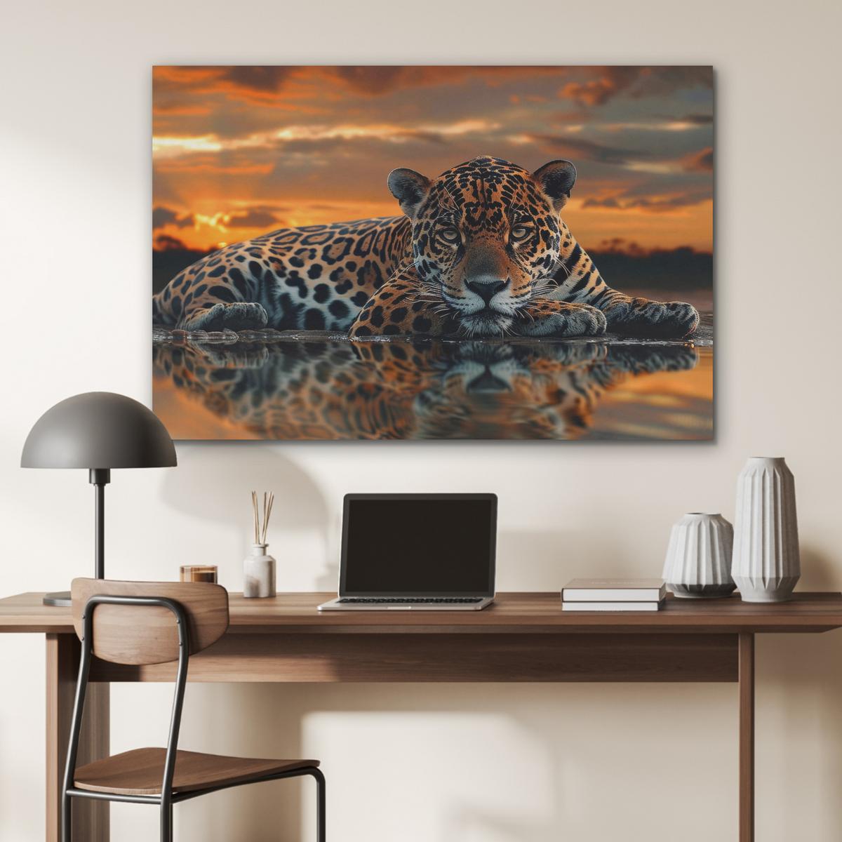AKUSTIKBILD Natur - Leopard - Tier - Sonnenuntergang - Modern Wandbild Wohnzimmer 100x70 cm - Orange, Kunststoff (100/70/0.9cm) - MuchoWow