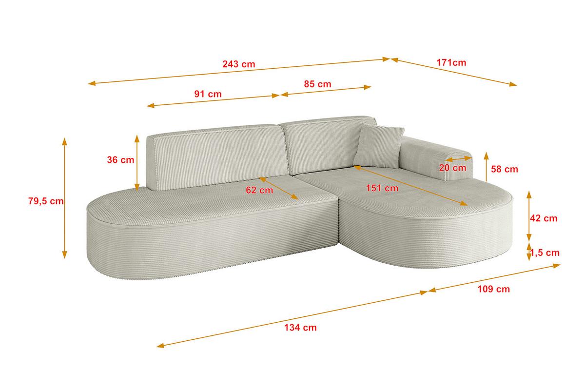 ECKSOFA Ottomane Rechts MARI-L1 - 243x171x79 cm Creme Cord - Hellgrau/Creme, Holzwerkstoff/Kunststoff (234/163cm) - ALTDECOR