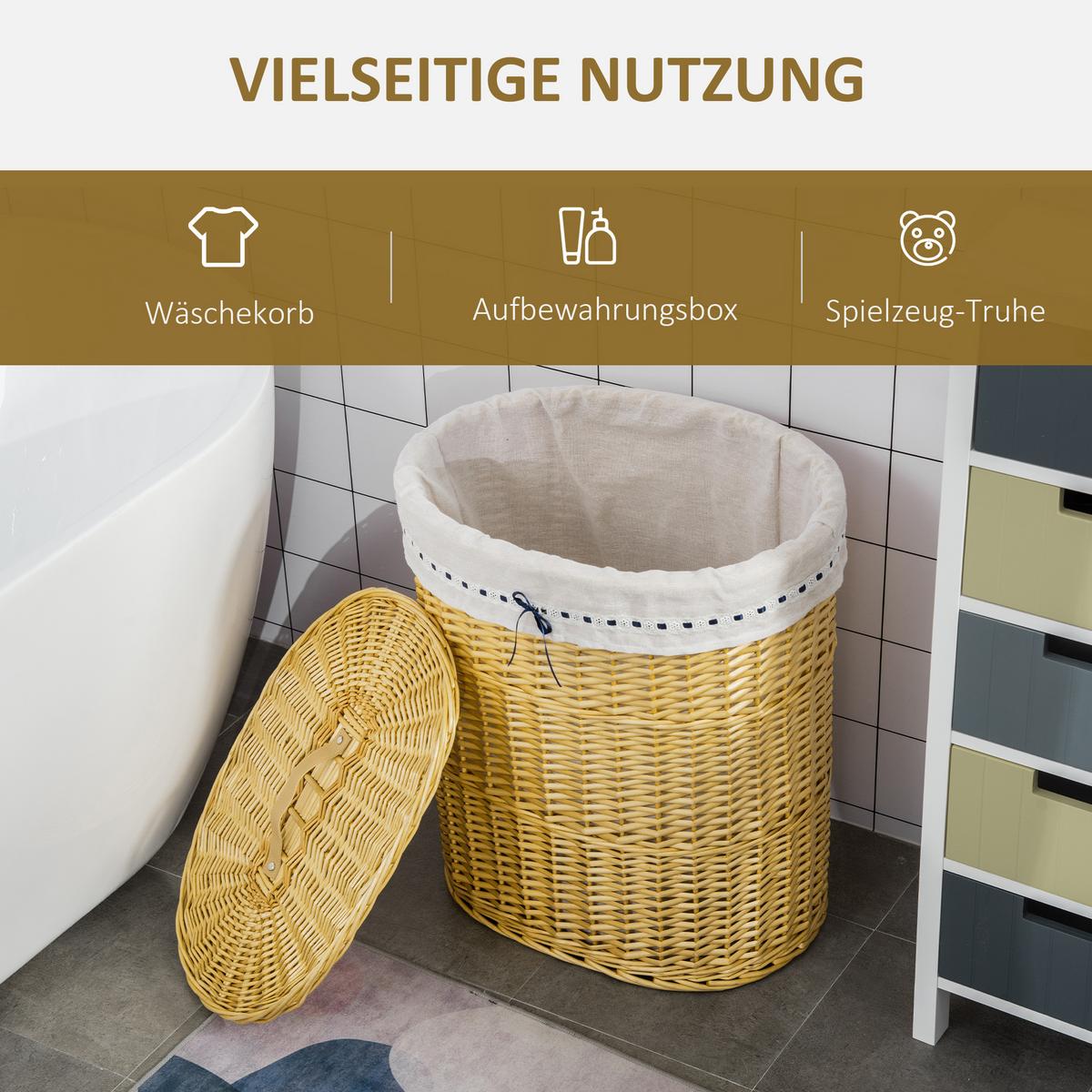 WÄSCHEKORB, Weidenrute, Naturholz - Naturfarben, Holz (38/57/51cm) - HOMCOM