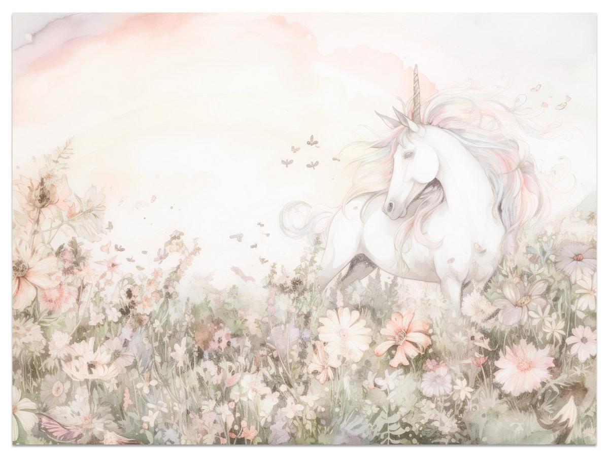 FOTOTAPETE für Kinder Einhorn Blumen Aquarell 500x350 - Gelb/Beige, Papier (500/350cm) - Muralo