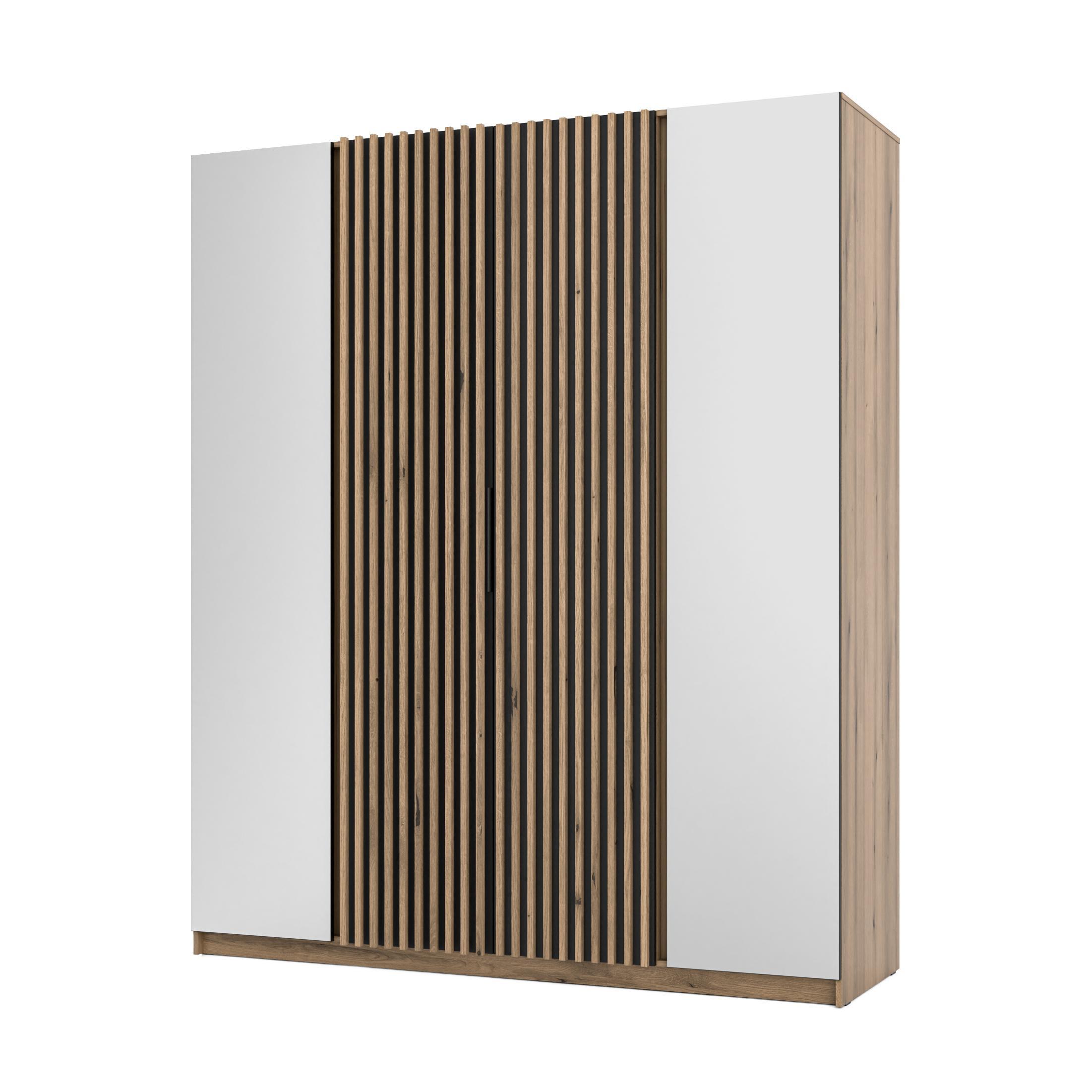KLEIDERSCHRANK Nehir Korpus Eiche Evoke, Front Schwarz/Eiche Evoke 200 cm - 4T Modern mit Spiegeln außen und Lamellentüren mittig - Eichefarben/Schwarz, Holzwerkstoff/Kunststoff (200/239/61.9cm) - AX Living